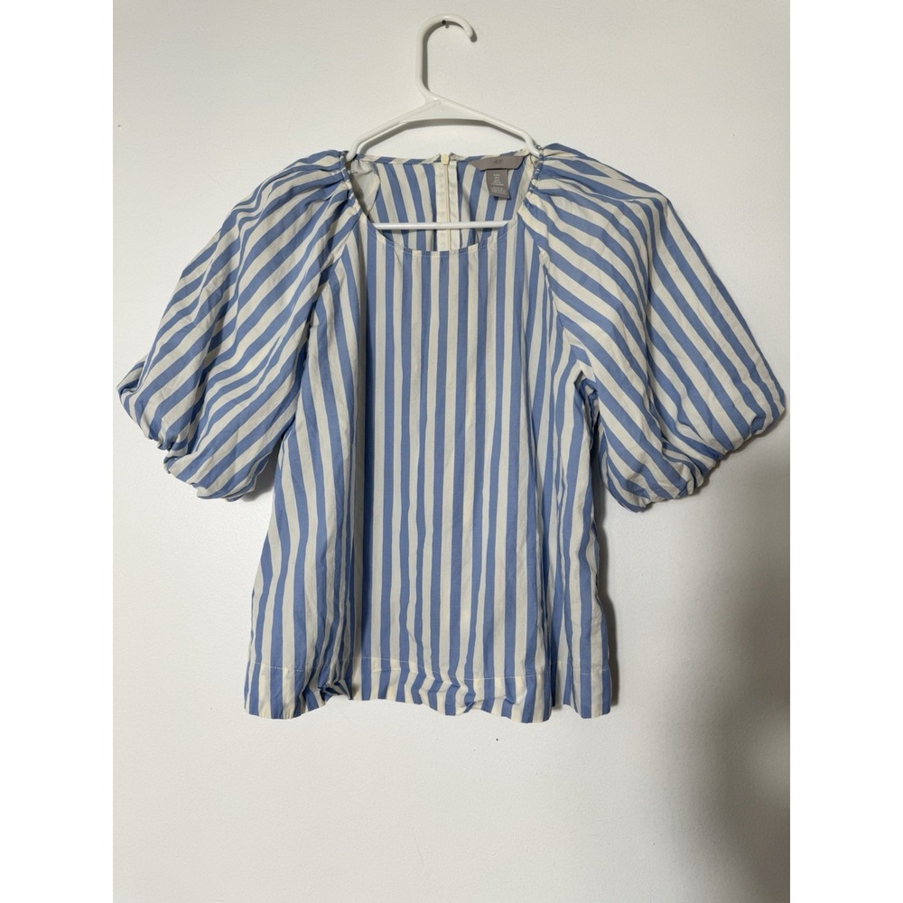 H&M Women's Light Blue White Striped Puff Sleeve Blouse Size S Y2K